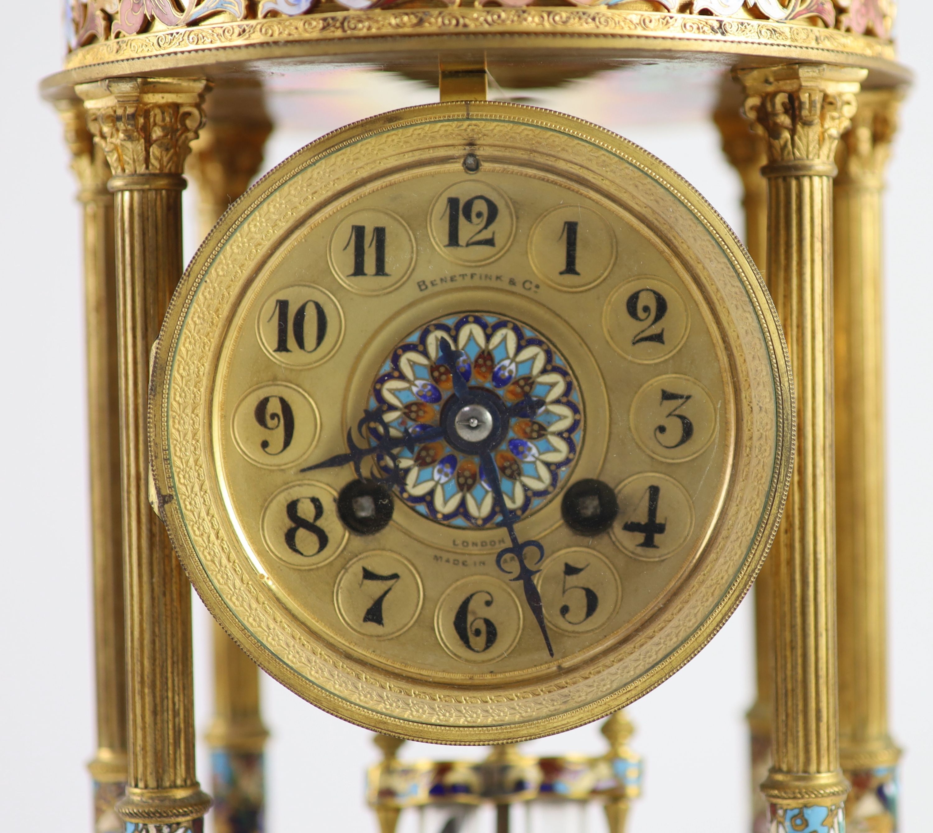 A late 19th century French ormolu and champleve enamel portico clock, height 39cm